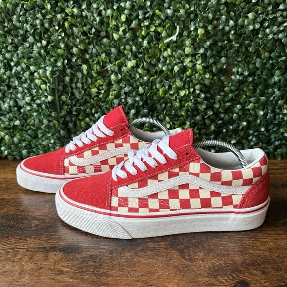 Vans Old Skool Checkerboard Women Size 8.5 Red White Athletic Shoes Sneakers - Picture 2 of 9